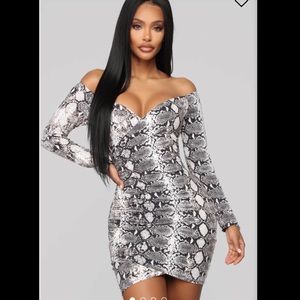 Snakeskin off shoulder dress